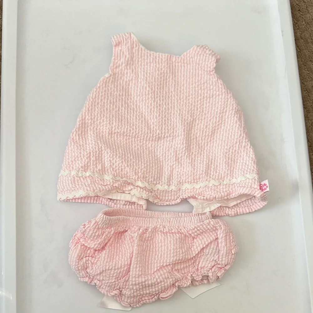 Ruffle Butts Pink Seersucker top and Bloomers Set